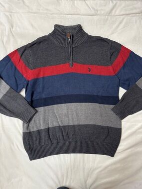 U.S. Polo Assn. Men’s XL Striped Half-Zip Sweater in Gray, Blue & Red